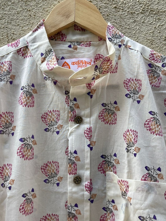 Floral Print Mandarain Collar Cotton Shirt for Men
