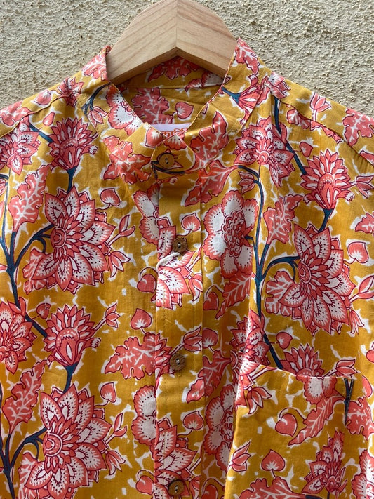 Floral Print Mandarain Collar Cotton Shirt for Men