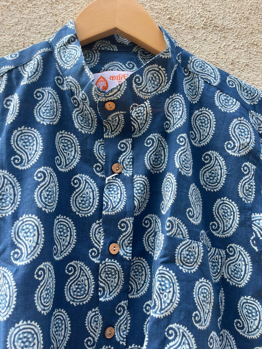 Indigo Print Mandarin Collar Cotton Shirt for Men