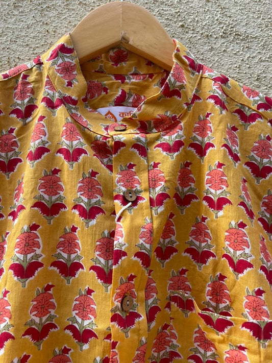 Floral Print Mandarain Collar Cotton Shirt for Men