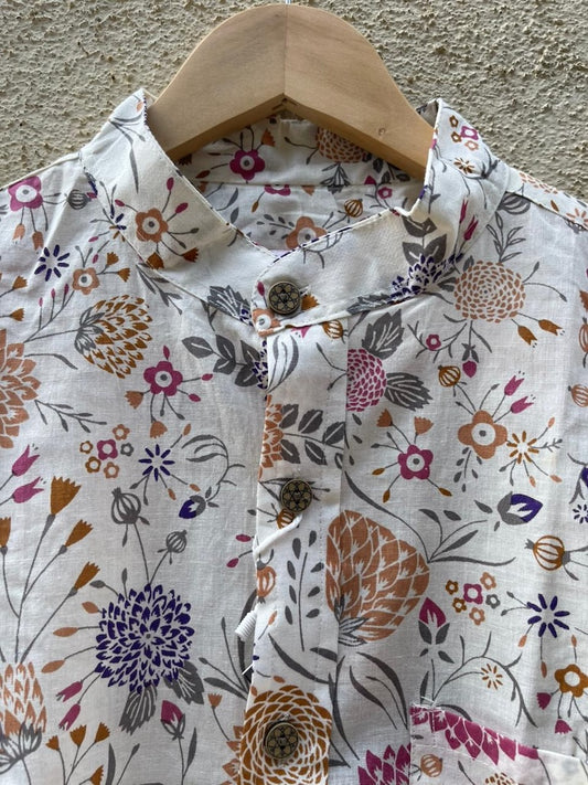Floral Print Mandarain Collar Cotton Shirt for Men