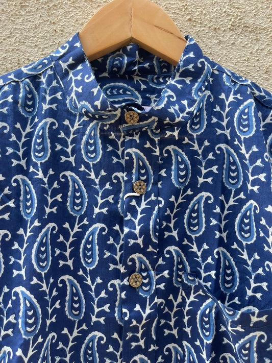 Classic Indigo Print Mandarin Collar Cotton Shirt for Men