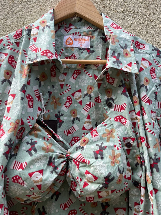 Christmas Print Women Shirt with Bralette Combo