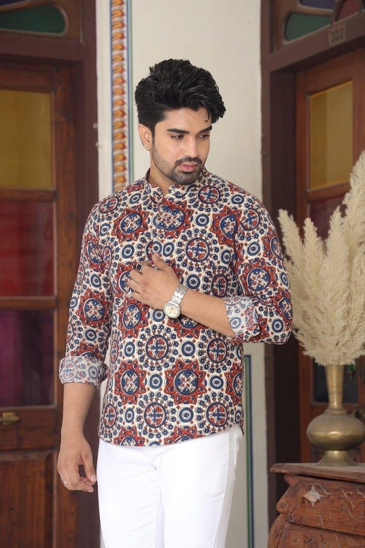 Natural Bagru Print Cotton Classic Short Kurta for Men