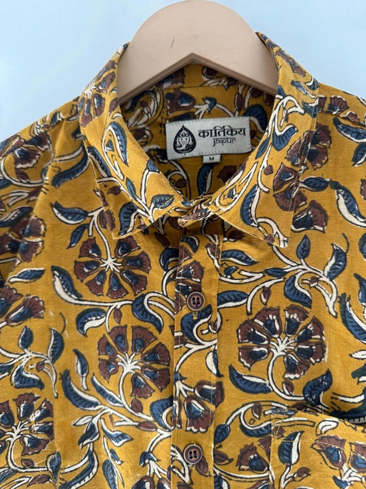 Floral Print Block Print Cotton Shirt For Men - Mustard