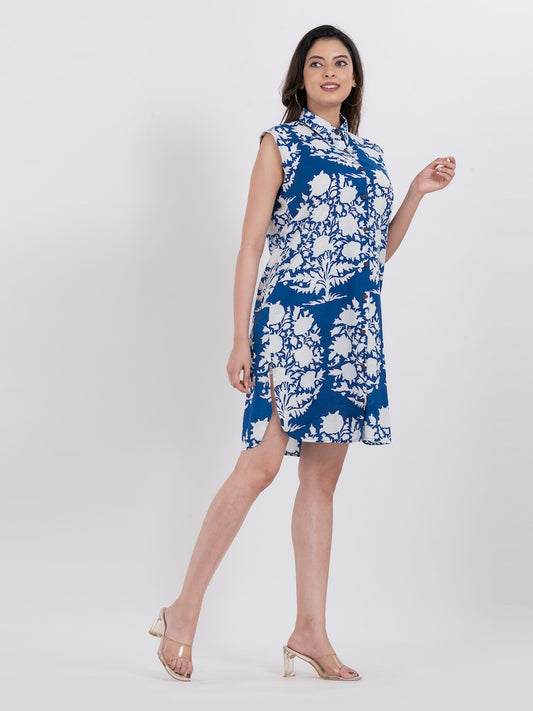 Blue Abstract Floral Long Shirt Dress