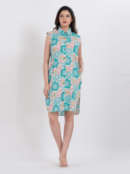 Green Floral Shirt Dress for Women