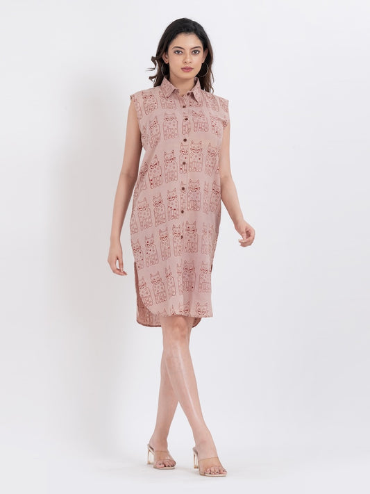 Cat Print Sleeveless Long Shirt Dress for Women