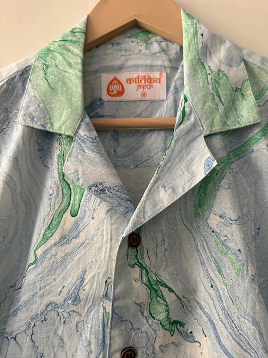 Handcrafted Marble Block Print Cuban Collar Shirt for Men