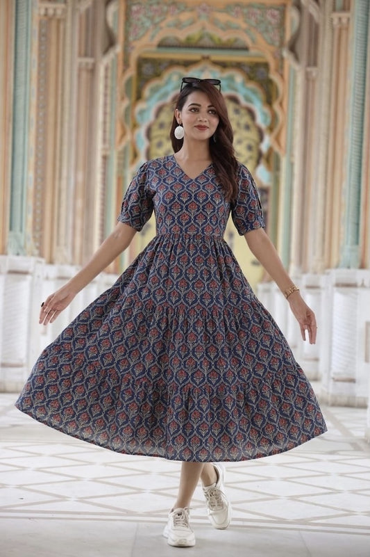 Bagru Hand Block Printed Cotton Frill One Piece Dress