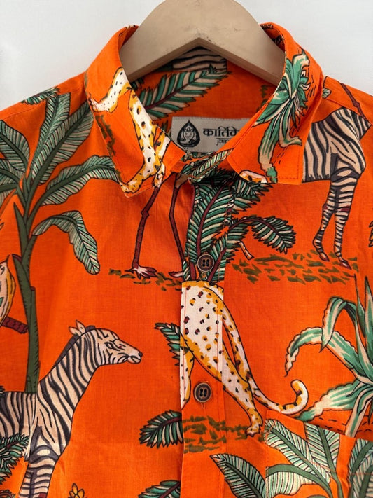 Orange Jungle Print Vintage Cotton Shirt by Kartikeya Jaipur