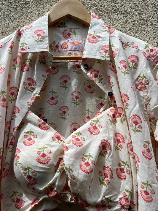 Floral Print Shirt & Bralette Combo Set