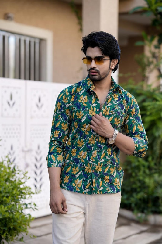 Classic Floral Hand Block Plus Size Full Sleeve Shirt