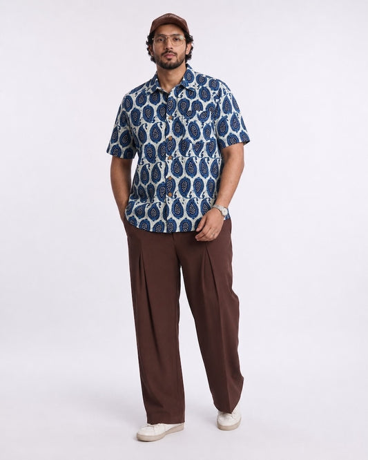 Classic Indigo Print Half Sleeve Plus Size Shirt for Men