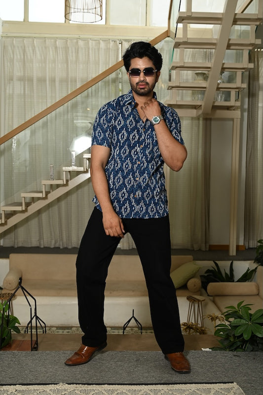 Block Print Plus Size Classic Indigo Cotton Shirt for Men