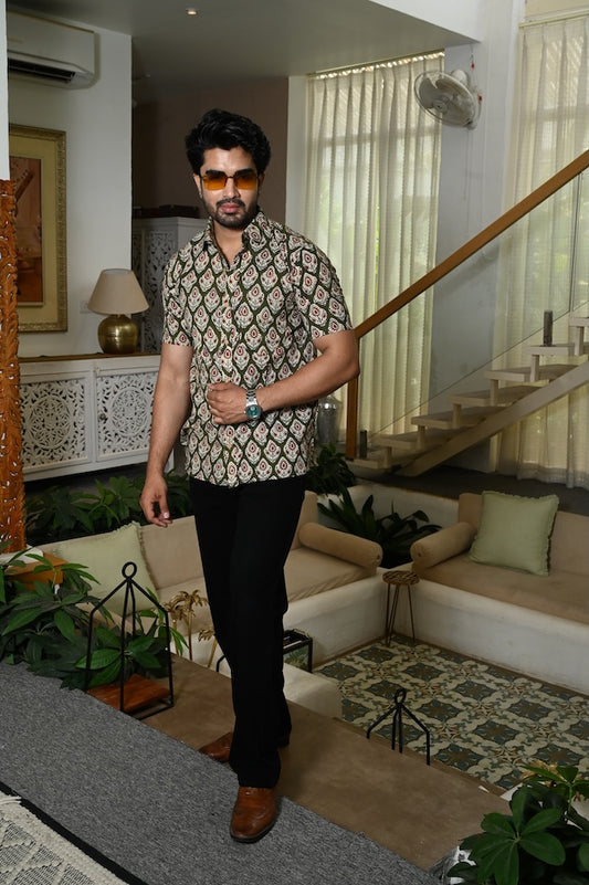 Block Print Plus Size Classic Cotton Shirt for Men - Mehendi