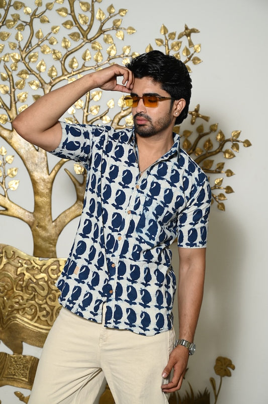Block Print Plus Size Indigo Classic Cotton Shirt for Men