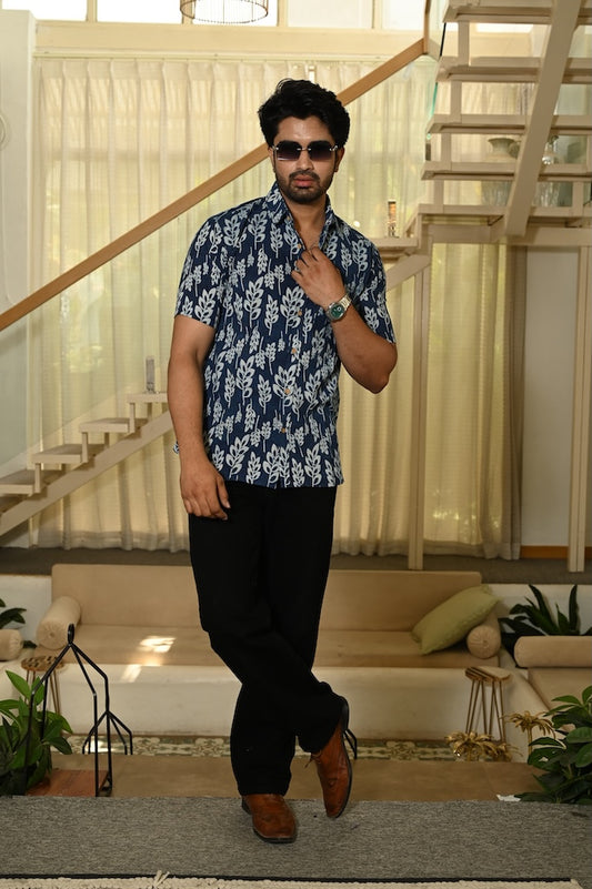 Block Print Plus Size Classic Indigo Cotton Shirt for Men