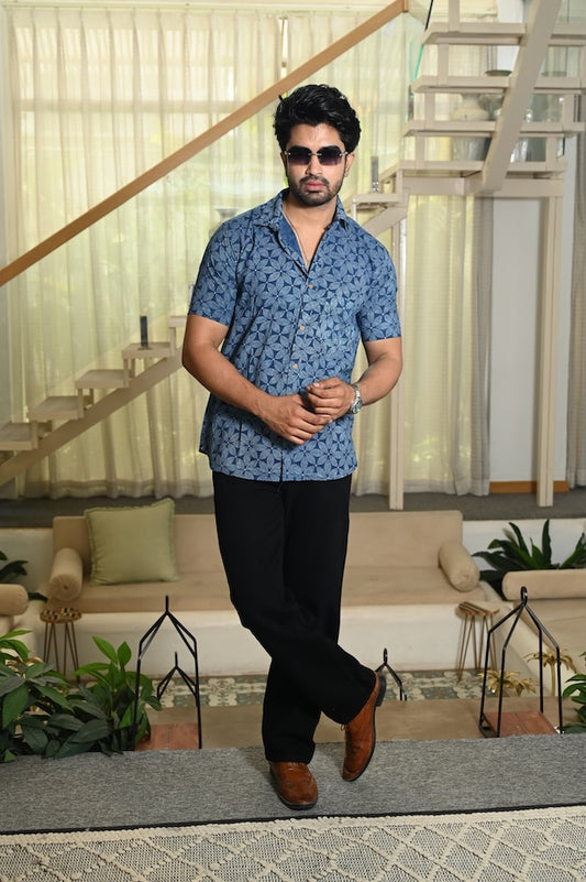 Block Print Plus Size Indigo Classic Cotton Shirt for Men