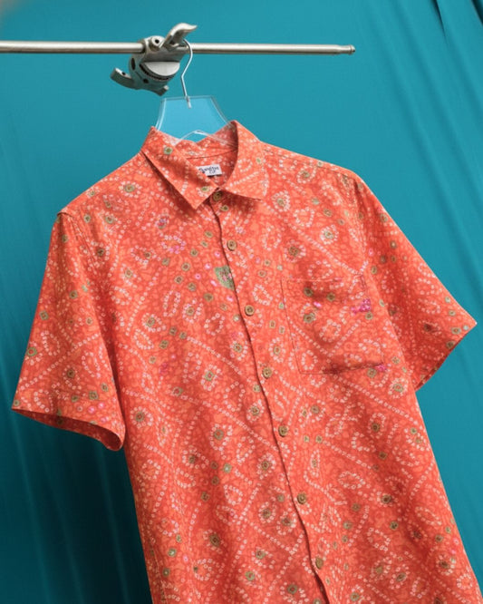 Cotton Orange Half Sleeve Bandhej Shirt for Men