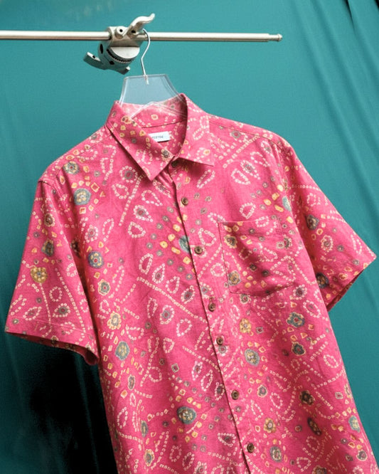 Cotton Peach Half Sleeve Bandhej Shirt for Men