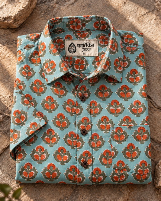 Bagru Print Half Sleeve Handmade Cotton Shirt for Men - Organic