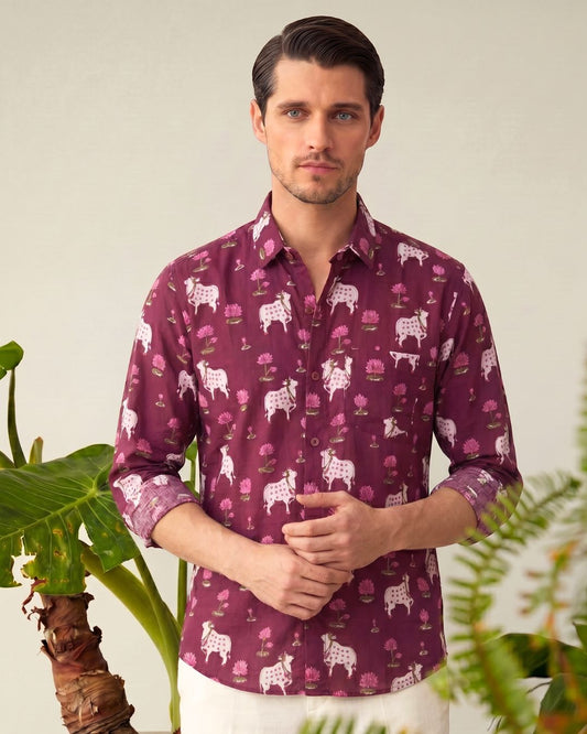 Pichwai Cow Maroon Full Sleeves Men Shirt