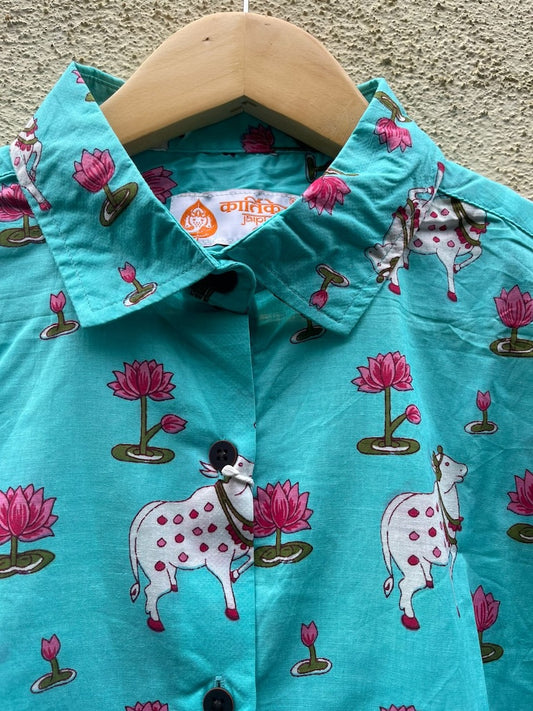 Pichwai Cow Printed Cotton Half Sleeve Shirt For Women