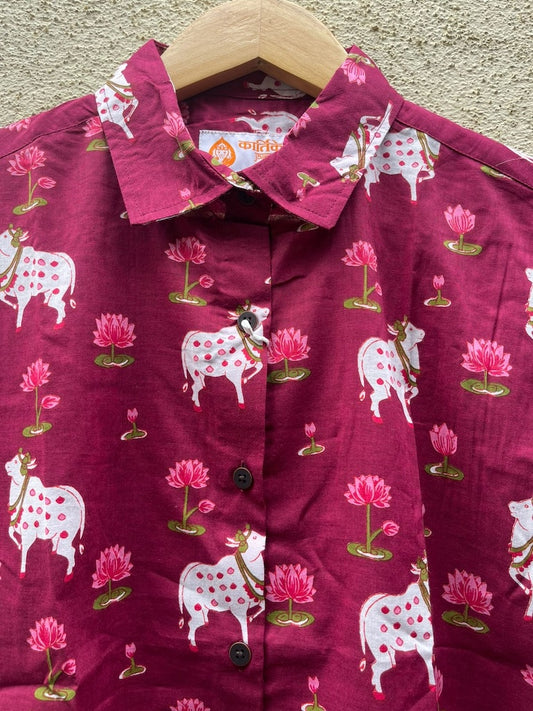 Pichwai Cow Printed Cotton Half Sleeve Shirt For Women