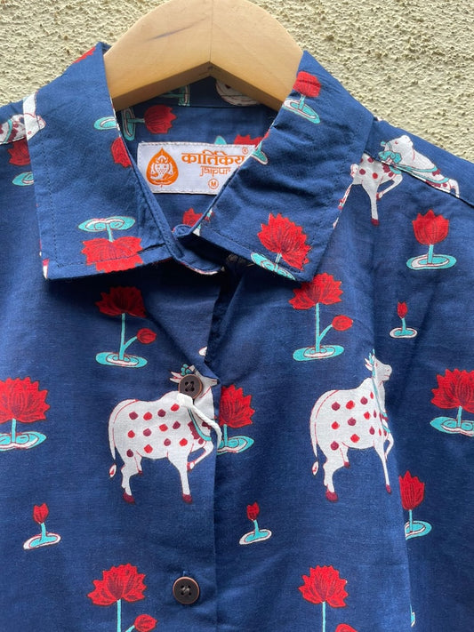 Womens Pichwai Cow Print Cotton Half Sleeves Shirt