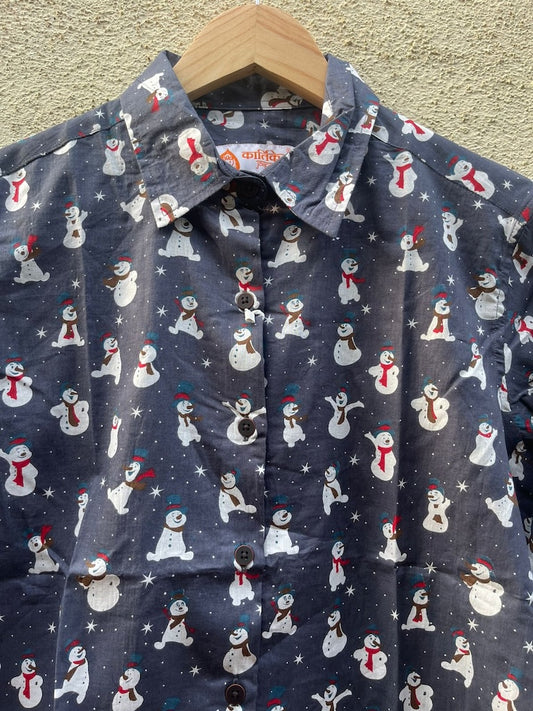 Christmas Print Full Sleeve Cotton Shirt for Womens