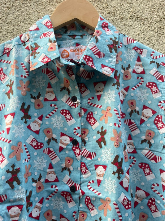 Christmas Print Full Sleeve Cotton Shirt for Womens