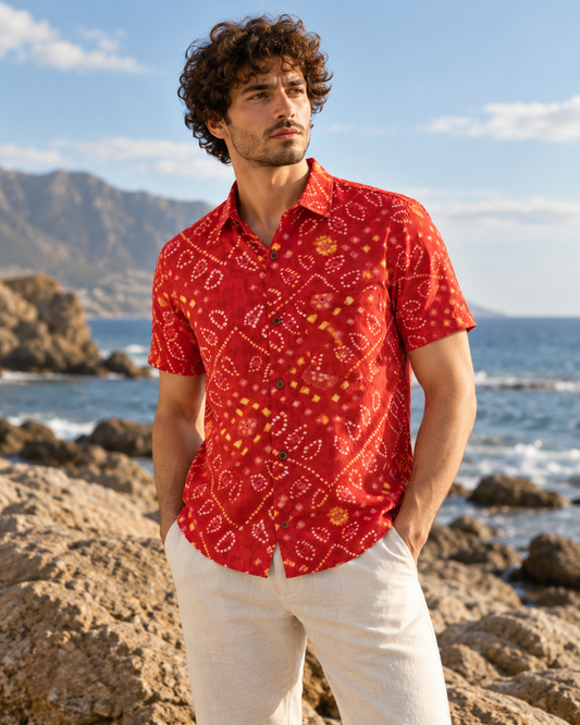 Cotton Half Sleeve Bandhej Print ROKA Shirt for Men - RED
