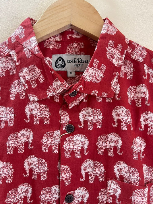 Red Elephant Print Classic Cotton Men's Shirt