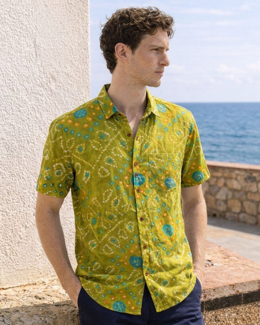 Olive Green Bandhej Print Men's Cotton Shirt - Prebook ( Dispatch by 28th June )