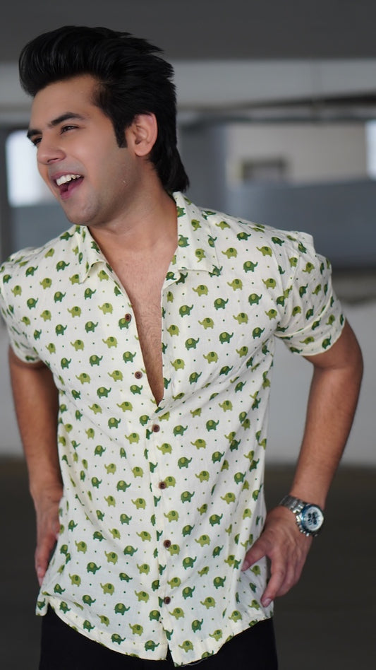 Elephant Print Cuban Collar Shirt By Kartikeya Jaipur