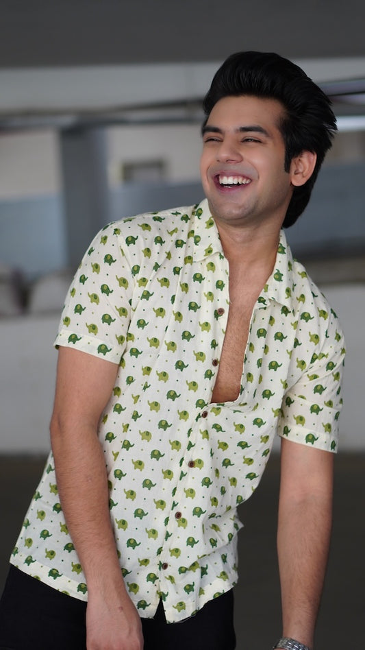 Elephant Print Cuban Collar Shirt By Kartikeya Jaipur