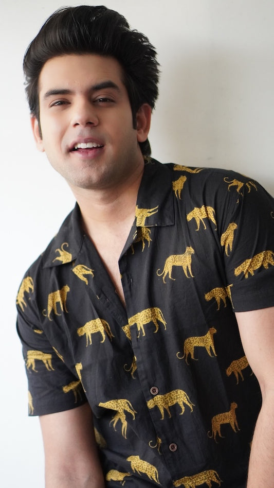 Black Tiger Print Cotton Shirt for Men