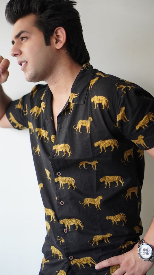 Black Tiger Print Cotton Shirt for Men