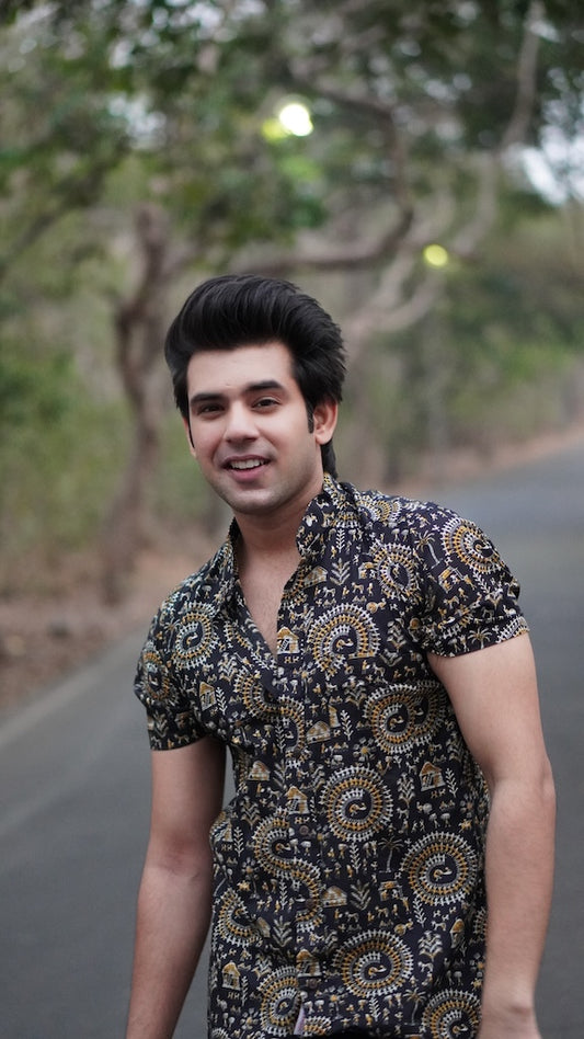 Tribal Print Vintage Cotton Shirt for Men - Yellow