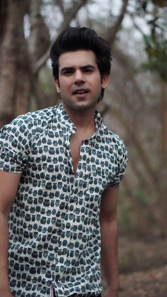 Cute Owl Print Cotton Half Sleeve Men Shirt - Light Grey