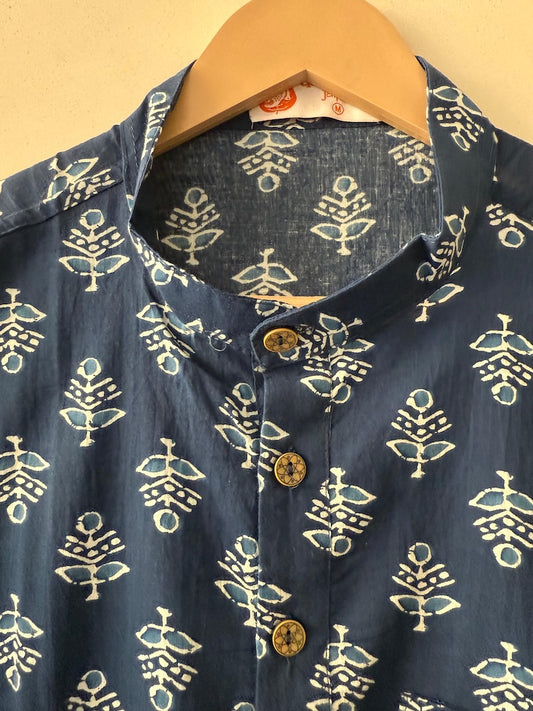 Indigo Print Cotton Classic Short Kurta for Men