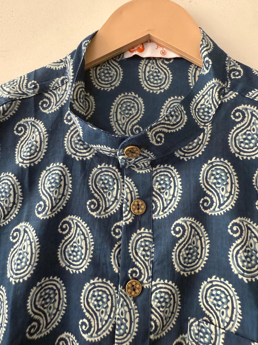 Indigo Print Cotton Classic Short Kurta for Men