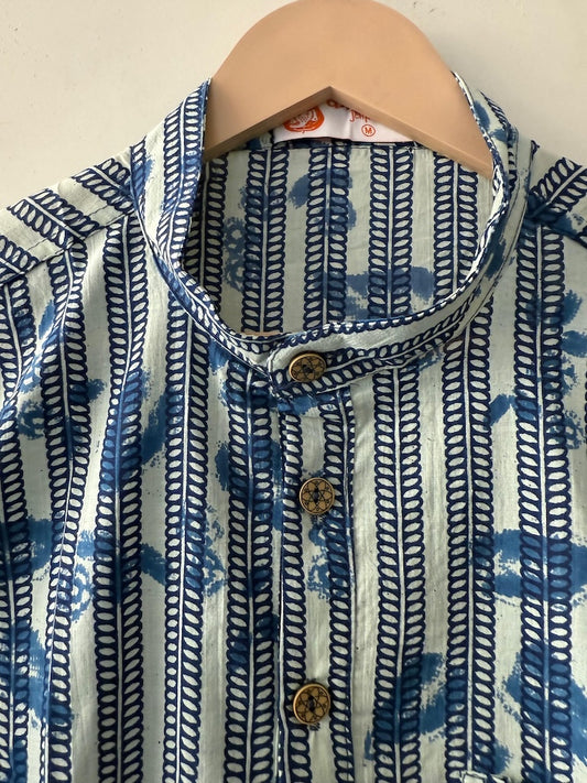Natural Indigo Print Cotton Classic Short Kurta for Men
