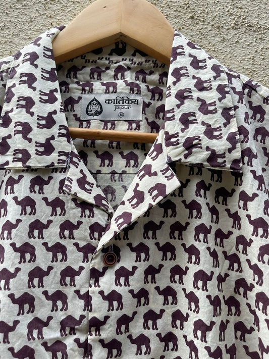 Brown Camel Print Cuban Shirt for Men