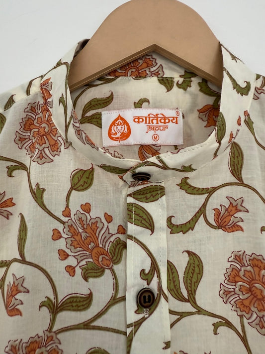 Floral Print Cotton Classic Shirt for Men - Ban Collar