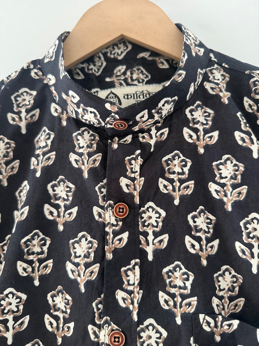 Black Mandarin Collar Floral Shirt for Men