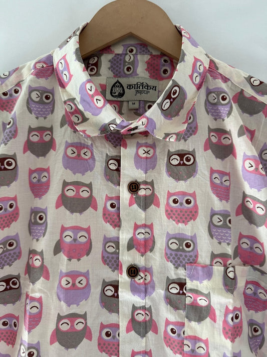 Cute Pink Owl Print Cotton Half Sleeve Men Shirt