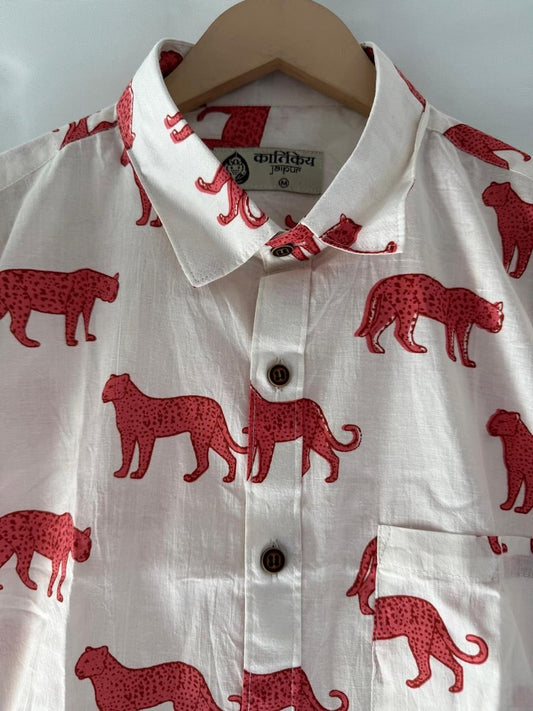 Leopard Print Cotton Short Sleeve Shirt for Men