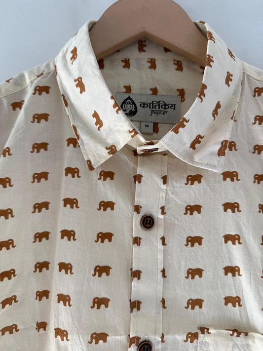 Cotton Half Sleeve Mini Elephant Print Shirt for Men - Yellow